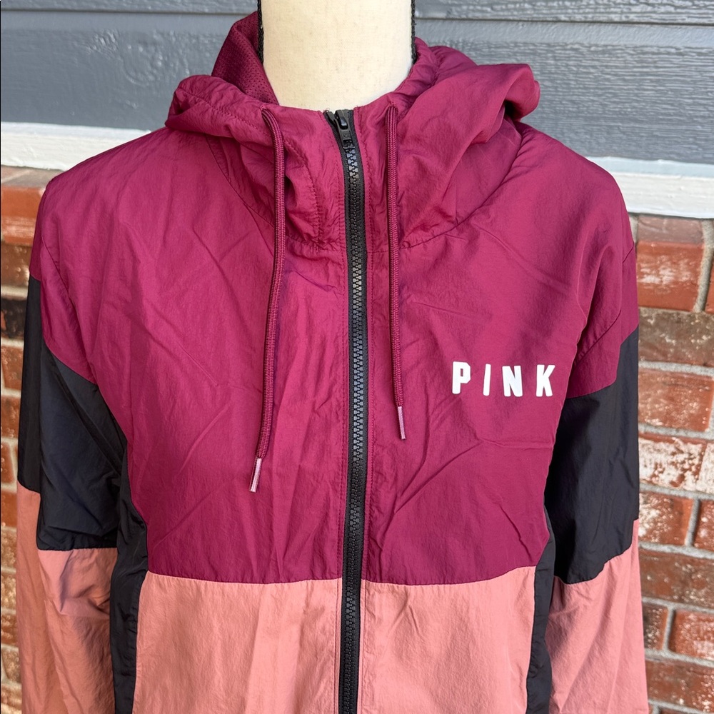 PINK Victoria's Secret Colorblock Windbreaker Jacket M/L Maroon Black Pink Hood - Picture 2 of 7